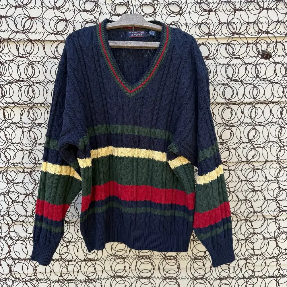 Vintage 90s Roundtree and York Dark Primary Color Stripe Fisherman Sweater XL